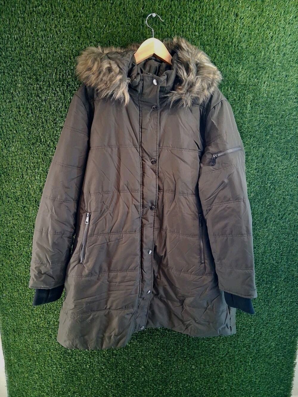 Falls Creek Women's 1X Puffer Coat Olive Green Winter Jacket Warm Hooded Plus